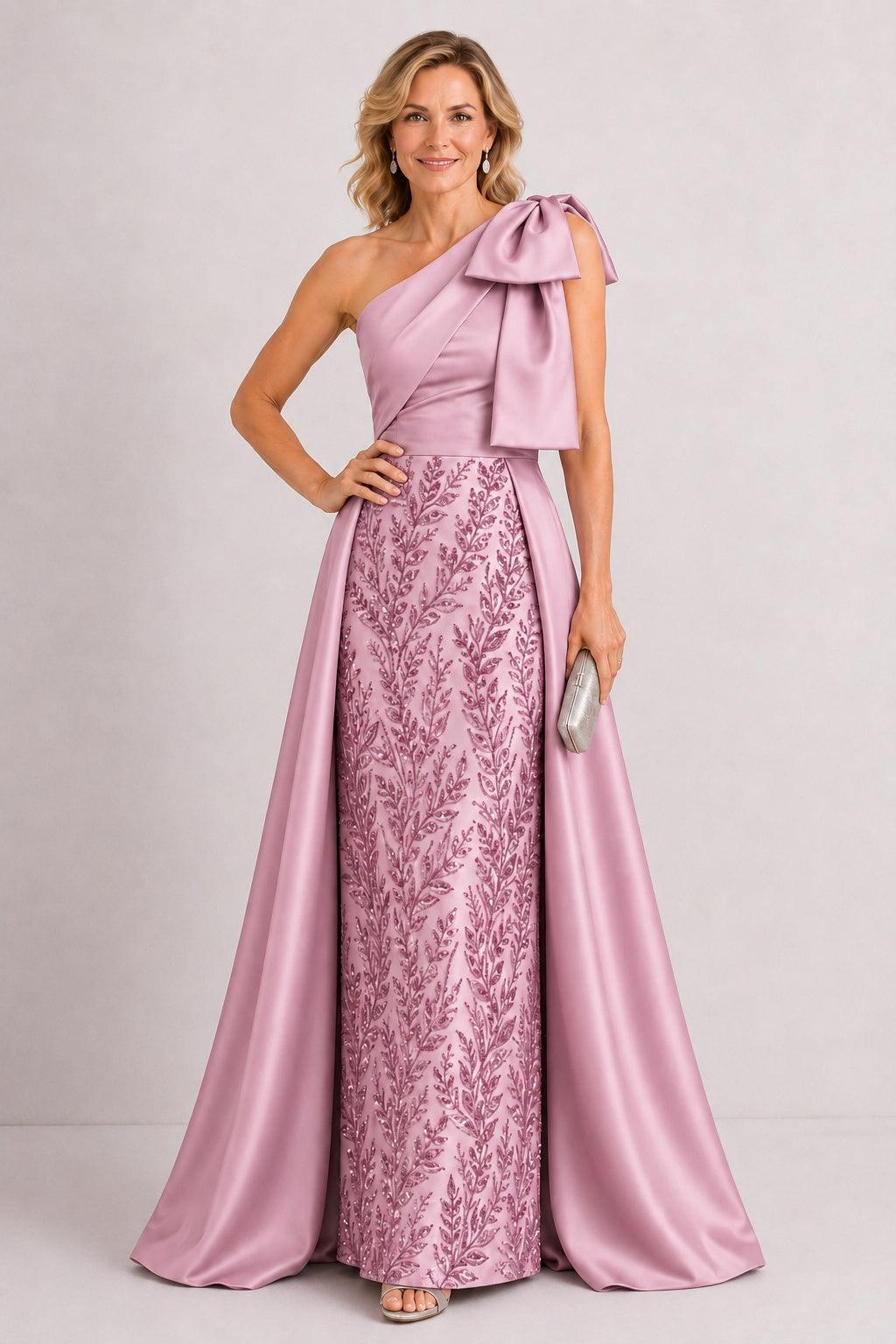 A-Line Floor Length Satin Lace Mother of the Bride Dress CM0470 - Dusty Rose - COCOMELODY